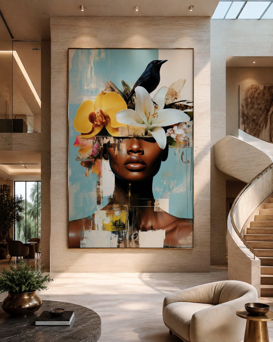 Floral portrait artwork displayed in a contemporary interior