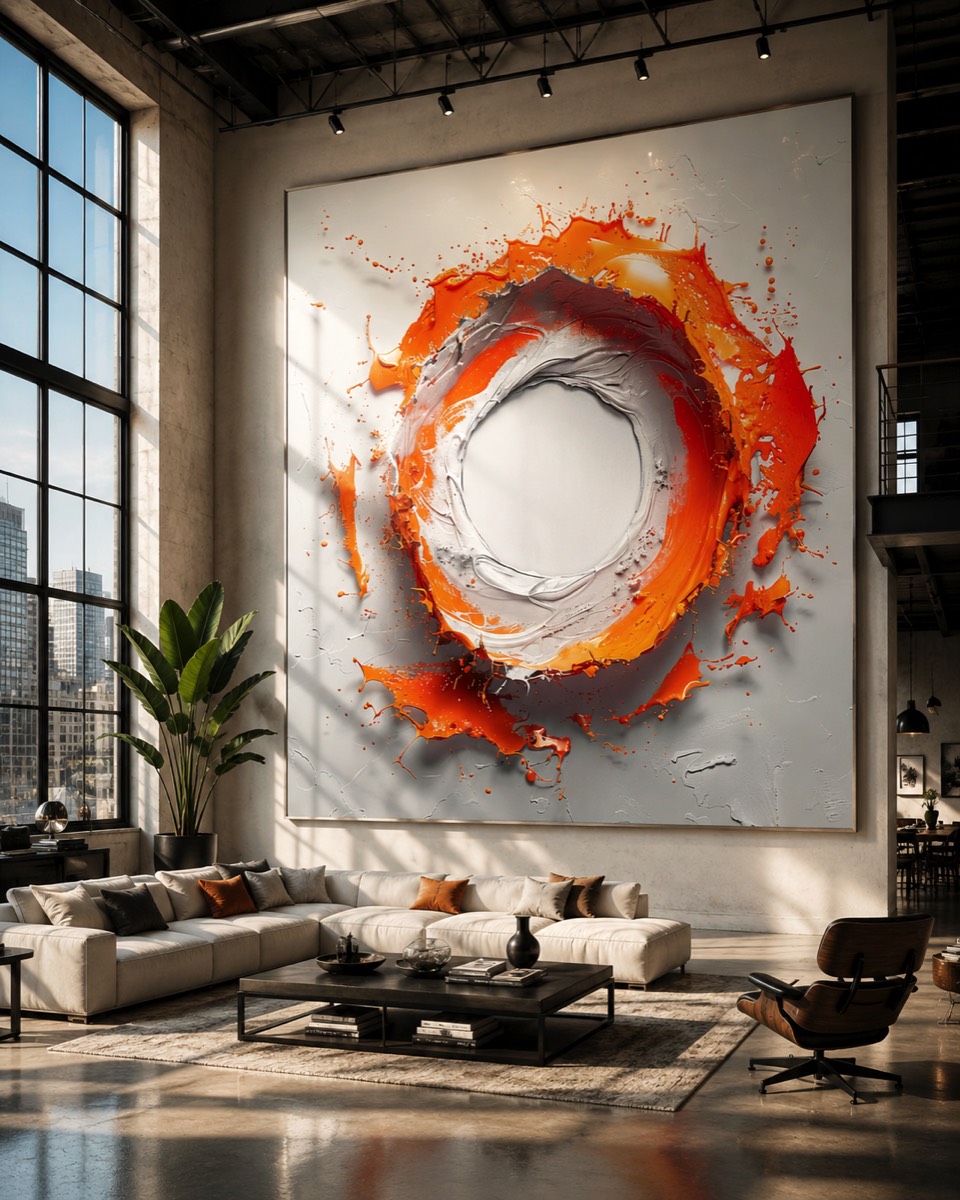 Abstract orange circular artwork installed in a loft interior