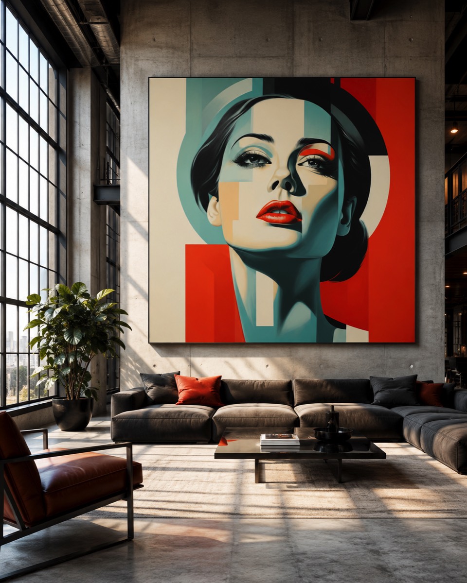 Geometric female portrait artwork displayed in a modern interior